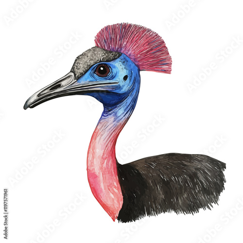 A watercolor of a cassowary, isolated on a white background. Cassowary vector.
