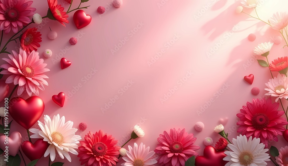 Pink background with floral ornament frame, hearts And shinning. valentine's day concept background Pink background with floral ornament frame, hearts And shinning. valentine's day concept background