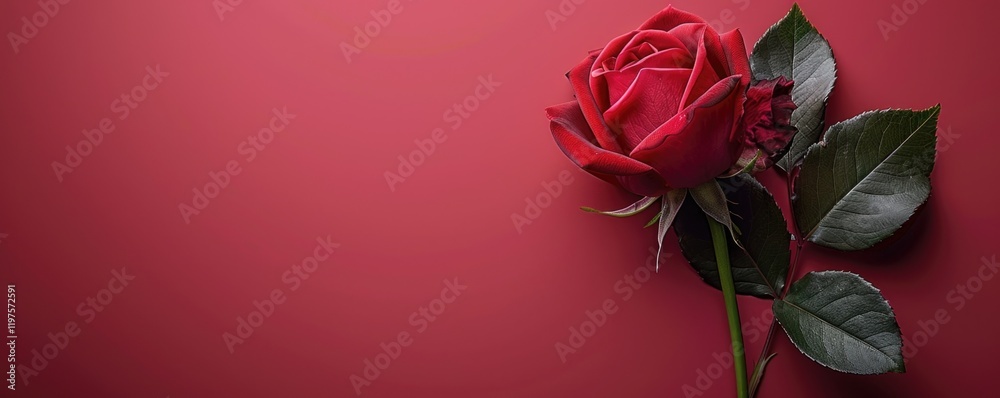 This stunning image features a single red rose with lush green leaves, elegantly positioned on a rich red background, radiating beauty and romance. This stunning image features a single red rose with lush green leaves, elegantly positioned on a rich red background, radiating beauty and romance.