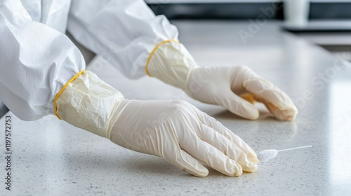 Food safety contamination control concept. Gloved Hands Using Swab to Test Kitchen Surface for Cleanliness and Hygiene