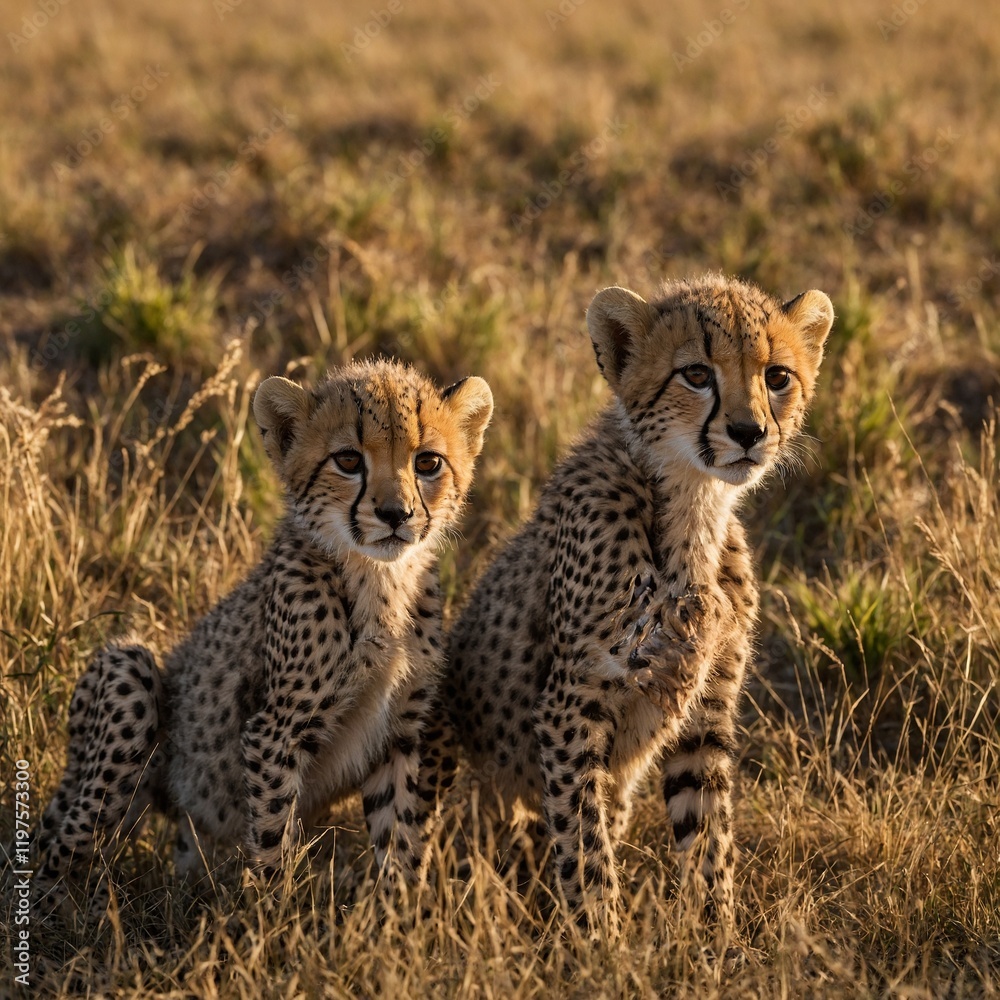Obraz premium A cheetah cub playing with its siblings in tall grass. A mother cheetah watching over her cubs in a grassy savanna. A graceful cheetah sprinting through tall golden grass in the morning light. 
