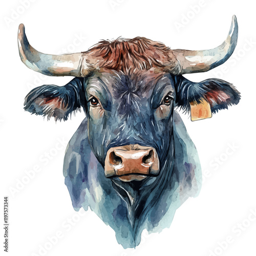 A watercolor of a bull, isolated on a white background. Bull vector.
