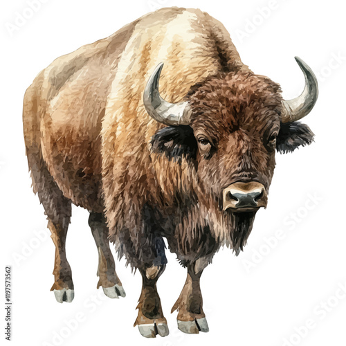 A watercolor of a buffalo, isolated on a white background. Buffalo vector.

