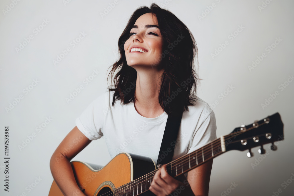 smiling woman with wavy brown hair plays an acoustic guitar, radiating a relaxed and joyful mood. She wears a simple white shirt, creating a casual, warm atmosphere. smiling woman with wavy brown hair plays an acoustic guitar, radiating a relaxed and joyful mood. She wears a simple white shirt, creating a casual, warm atmosphere.
