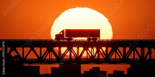 A silhouetted truck crosses a bridge against a stunning sunset, showcasing vibrant orange hues and a dramatic backdrop. photo