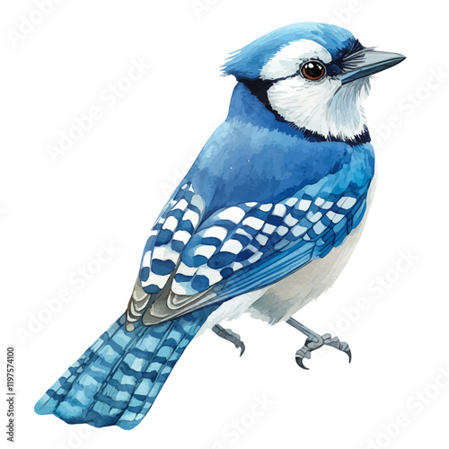 A watercolor of a blue jay, isolated on a white background. Blue Jay vector.
