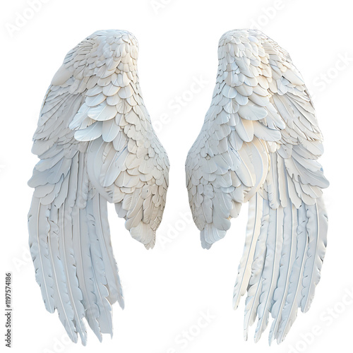 White angel wings feathers flight heavenly divine freedom spiritual faith hope peace purity blessing celestial grace soaring ascension angelic wings 3D render photo