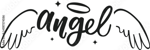 Stylish black lettering spelling the word angel featuring angel wings and halo with sparkling stars, ideal for religious or spiritual designs