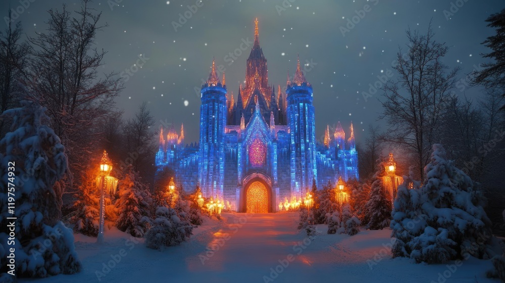 Fototapeta premium Enchanted Winter Castle: A Night of Magic and Wonder