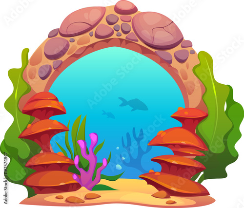 Game underwater sea portal, magic stone gate and door with a rocky coral arch, colorful ocean plants, and silhouettes of fish swimming in the background. Cartoon vector fantasy deep marine environment