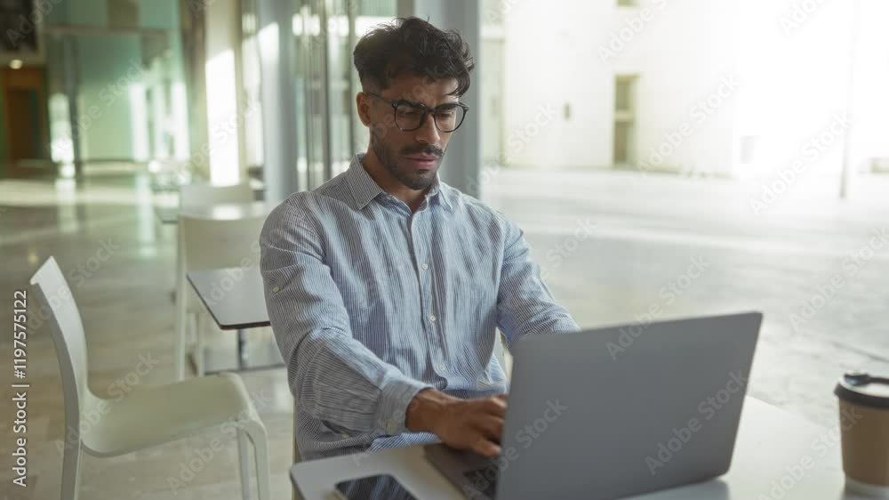 Young hispanic man in an office setting working on a laptop, wearing glasses and casual shirt, reflecting focus and concentration in a modern indoor workplace environment. Young hispanic man in an office setting working on a laptop, wearing glasses and casual shirt, reflecting focus and concentration in a modern indoor workplace environment.