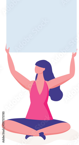 Woman sitting with crossed legs and holding a blank placard above her head, promoting a message or idea, ideal for protests, activism, and social movements