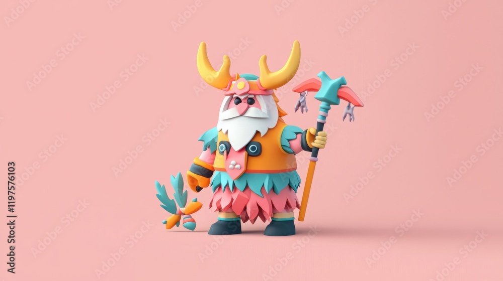 Obraz premium A colorful, whimsical character with horns and a staff, dressed in vibrant attire, standing against a soft pink background.