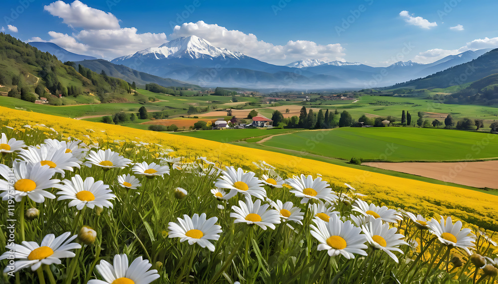 Obraz premium Countryside Landscape with Blooming Daisies, Rolling Fields, and Majestic Mountain Views