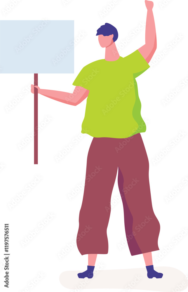 Young activist holding a blank placard and raising a fist at a protest, advocating for human rights and equality while standing strong among a diverse crowd of supporters Young activist holding a blank placard and raising a fist at a protest, advocating for human rights and equality while standing strong among a diverse crowd of supporters