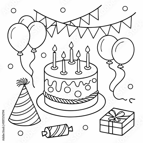 birthday cake with candles  coloring page for children, outline, education, line, outline, art, sketch