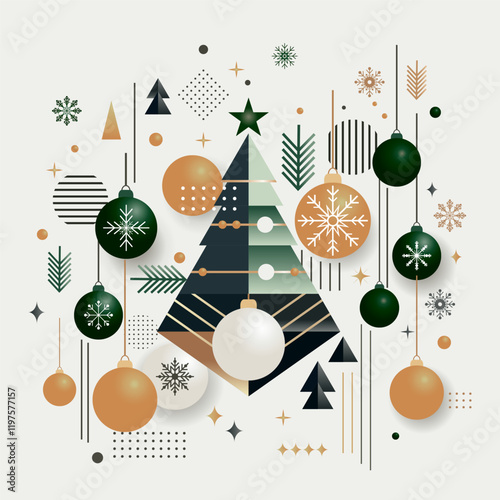 Christmas cards template. Collage of icons in abstract modern geometric flat style. Winter poster. Christmas tree, balls, snowflakes. Bauhaus design. Contemporary art