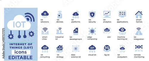 Internet of Things (IoT) vector icons for smart devices, IoT platforms, sensors, connectivity, analytics, and innovation
