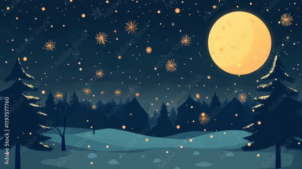 Winter Night Forest Scene with Fireworks and Moon