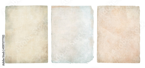 Vintage old paper sheets set with torn edges. Different texture of antique parchment	