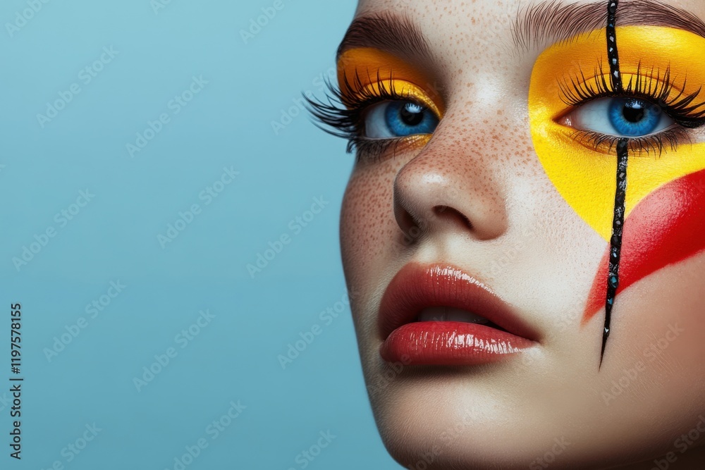 Fototapeta premium Bold makeup design featuring vibrant colors on a model's face against a pastel blue background in a creative beauty shoot