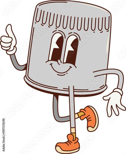 Cartoon retro groovy oil filter character. Automobile fuel and oil filtration system spare part cute isolated vector personage, car repair vector groovy mascot. Vehicle filter funny cartoon character