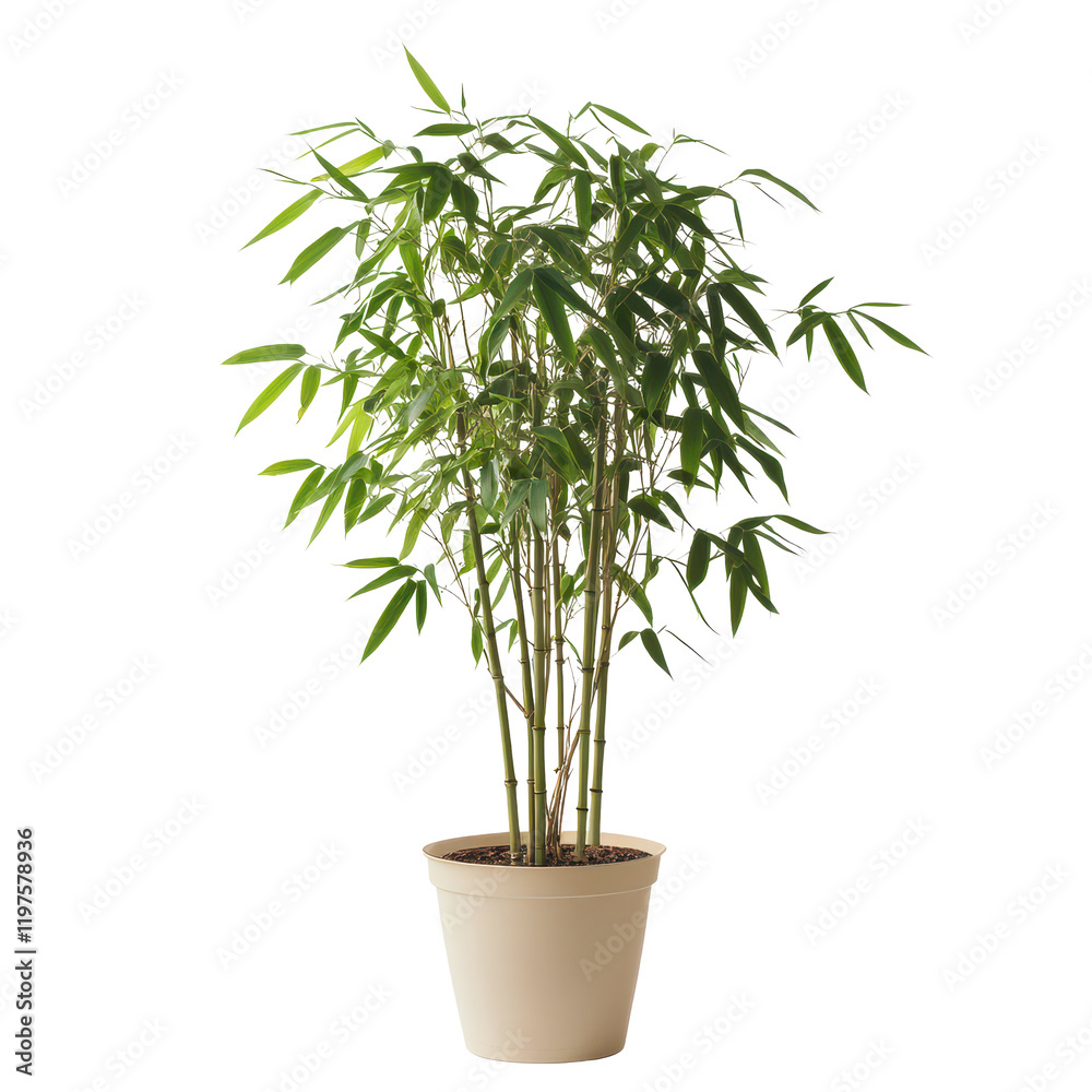 Fototapeta premium A tall bamboo plant in a beige pot against a clean transparent background enhances indoor decor with natural beauty, A tall bamboo plant in a pot on a transparent background