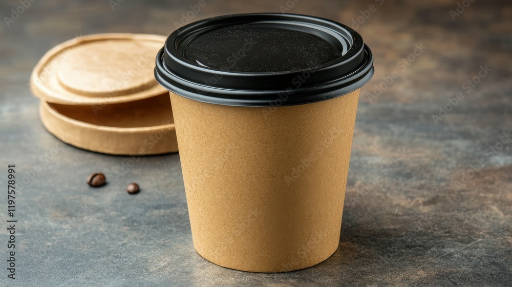 Coffee cup on a table with lids and coffee beans scattered around Coffee cup on a table with lids and coffee beans scattered around
