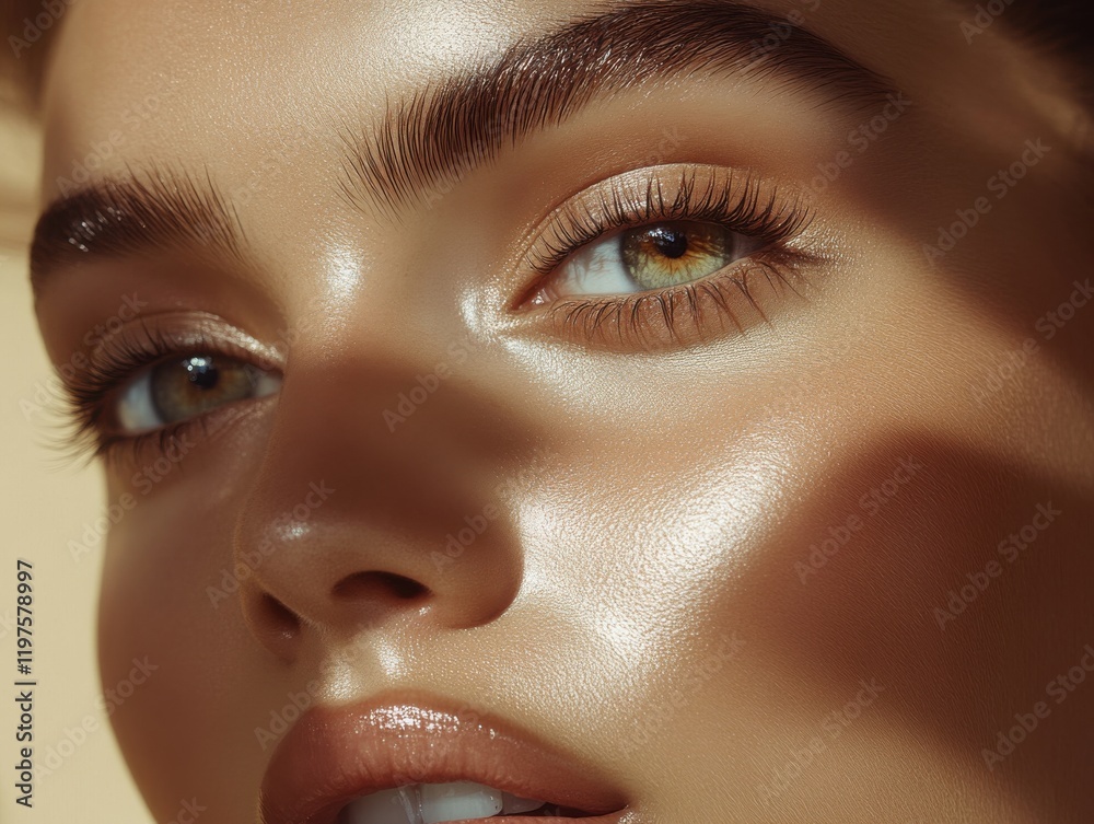 Fototapeta premium Close-up of radiant skin with glowing highlights and striking eyes illuminated by soft natural light in a warm-toned setting