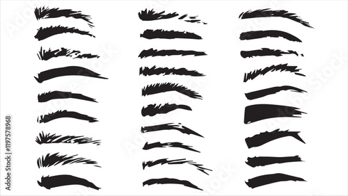 Set of eyebrows drawn in ink on white background, collection of different eyebrow shapes, eyebrow makeup template, eyebrow sketch, fashion woman brow different form, shape and type, beauty industry