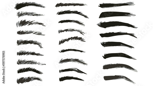 Collection of different shapes of eyebrows on a white background, set of hand drawn eyebrows, beauty collection of female brows different form and types, eyebrow makeup template, permanent makeup