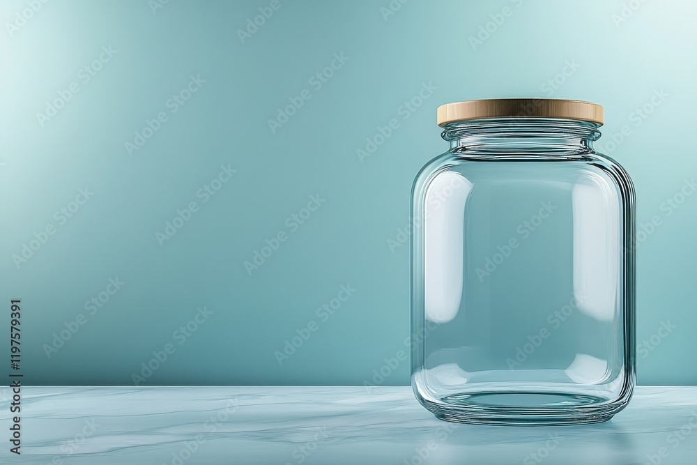 Transparent glass jar with wooden lid positioned on a marble surface against a soft blue background and illuminated by subtle lighting Transparent glass jar with wooden lid positioned on a marble surface against a soft blue background and illuminated by subtle lighting