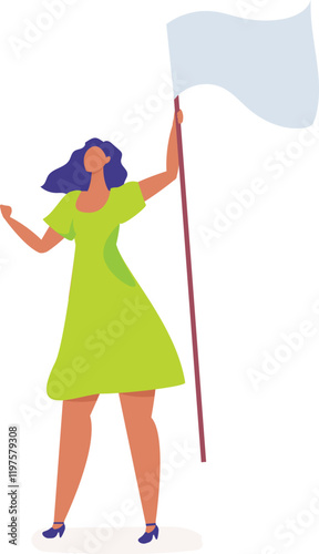 Young woman holding blank white flag is leading protest, fighting for human rights and equality, demonstrating for freedom and justice, expressing her beliefs and values