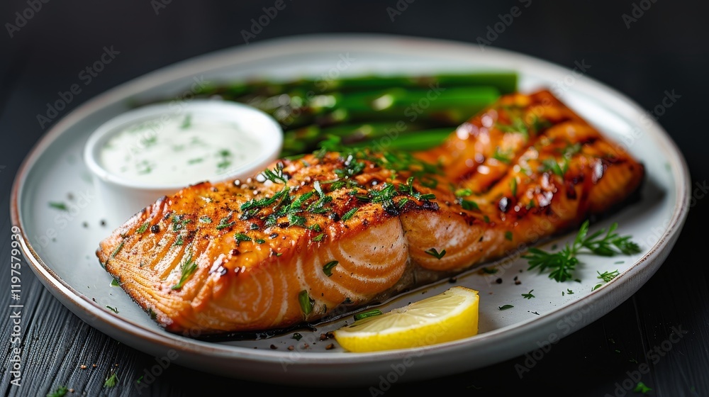 Delicious grilled salmon accompanied by lemon, asparagus, and creamy sauce on a white plate Delicious grilled salmon accompanied by lemon, asparagus, and creamy sauce on a white plate