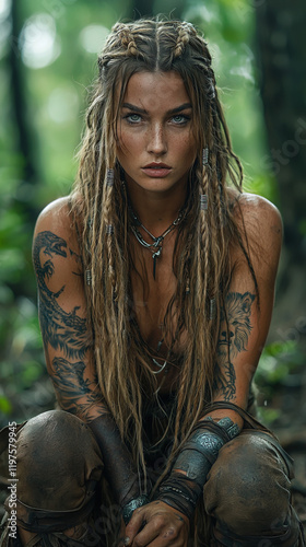 Fierce Viking Warrior Woman with Intricate Face and Body Tattoos in Diverse Natural Settings, from Stormy Seas to Misty Forests, Showcasing Strength, Beauty, and Battle Readiness