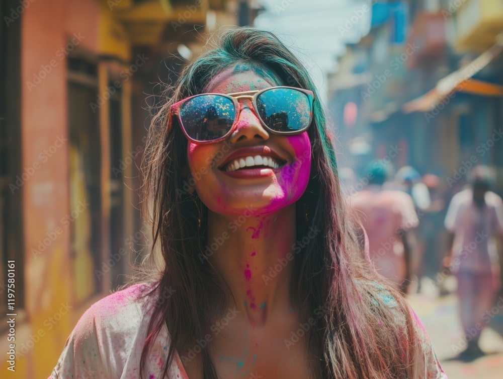 Portrait of a joyful smiling girl at Holly's party. There is an atmosphere of fun, celebration and traces of colorful paint around. Portrait of a joyful smiling girl at Holly's party. There is an atmosphere of fun, celebration and traces of colorful paint around.