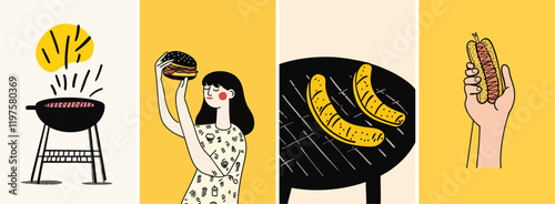 Hand drawn style summer barbeque illustration set