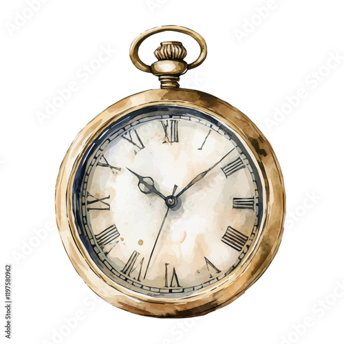 A watercolor illustration of a vintage pocket watch, isolated on a white background. Vintage pocket watch vector.
