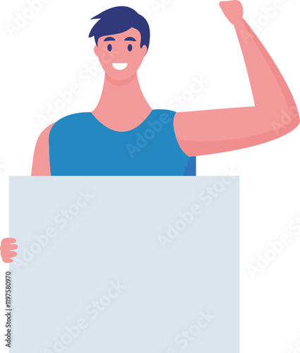 Smiling young athlete holding a blank placard while raising a fist in a powerful protest or demonstration advocating for equal rights and freedom of speech