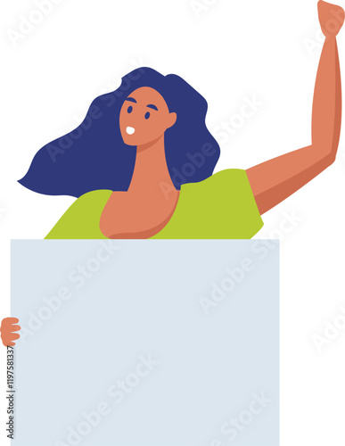 Enthusiastic young woman holding blank banner and raising fist in protest, expressing her disagreement and fighting for human rights and social justice