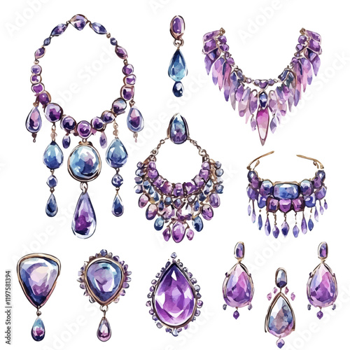 A watercolor illustration of a vintage jewelry set, isolated on a white background. Vintage jewelry set vector.
