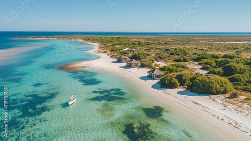 Tropical Lagoon with Turquoise Waters and Secluded Beach Huts Surrounded by Lush Greenery