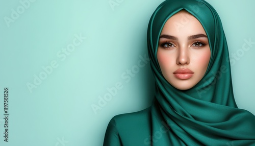 Elegant woman in green hijab poses against a mint green background showcasing traditional attire and natural beauty