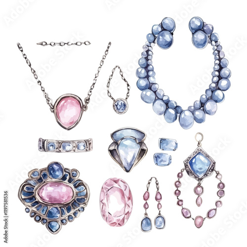 A watercolor illustration of a vintage jewelry set, isolated on a white background. Vintage jewelry set vector.
