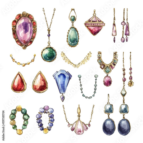A watercolor painting of a vintage jewelry set, isolated on a white background. Vintage jewelry set vector.
