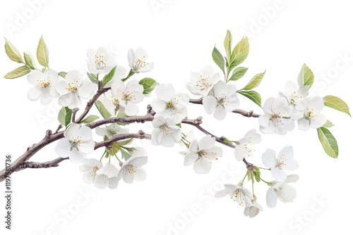 Fototapeta Naklejka Na Ścianę i Meble -  Cherry blossom branch with white Sakura flower in watercolor illustration