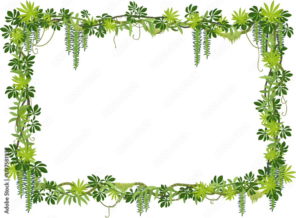 Tropical jungle forest liana frame with green leaves and plants, vector background. Liana vine or ivy leaf frame of tropical creeping jungle tree, rainforest bindweed plant and monstera leaves