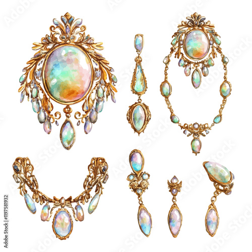 A watercolor painting of a vintage gold and opal jewelry set, isolated on a white background. Vintage gold and opal jewelry set vector.
