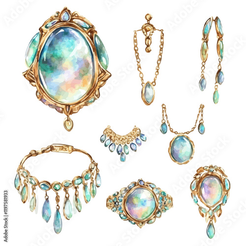 A watercolor painting of a vintage gold and opal jewelry set, isolated on a white background. Vintage gold and opal jewelry set vector.
