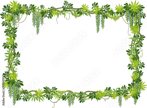 Tropical jungle forest liana frame with green leaves and plants, vector background. Liana vine or ivy leaf frame of tropical creeping jungle tree, rainforest bindweed plant and monstera leaves